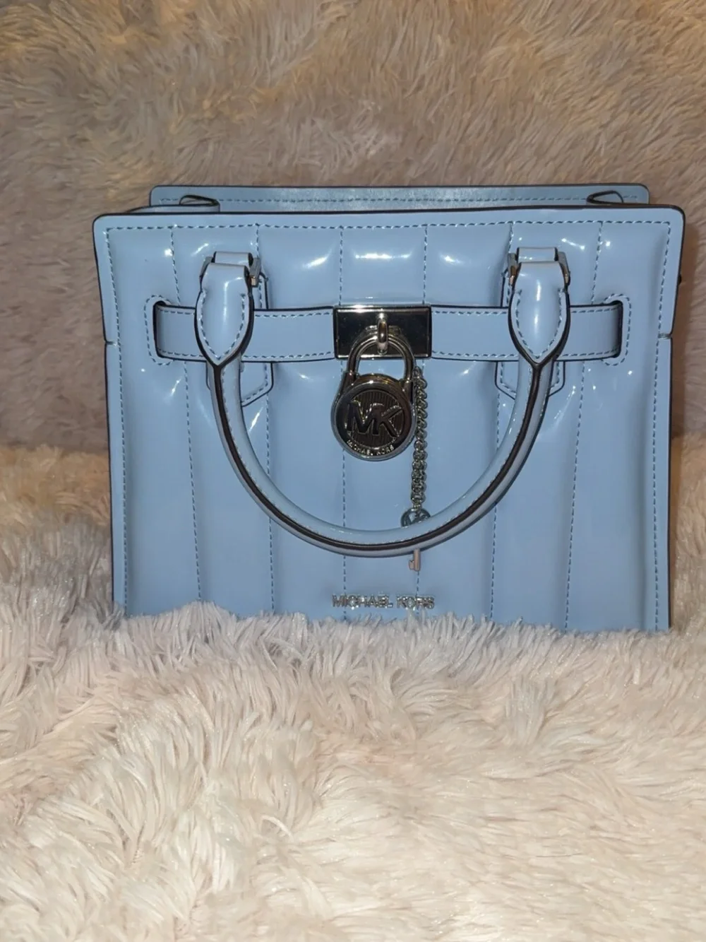 Michael Kors Patent Quilted Satchel in Pale Blue with Gold Hardware